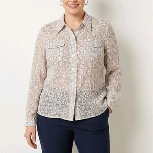 Sheer Animal Print LS Women's Button Down Shirt With Mother Of Peral Size 16